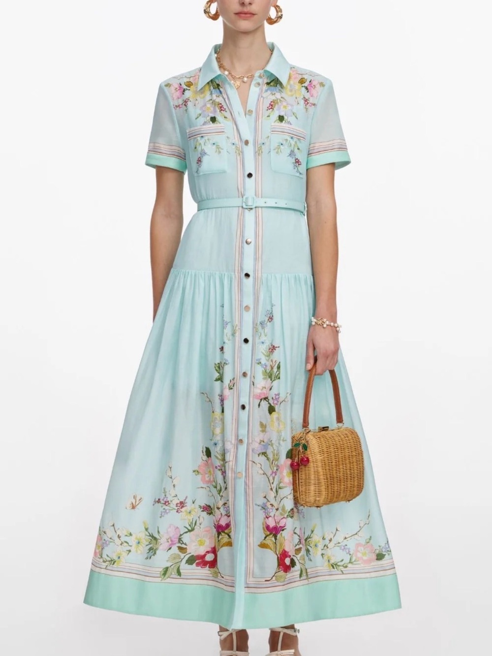 Self-Portrait Light Blue Floral Maxi Shirt Dress